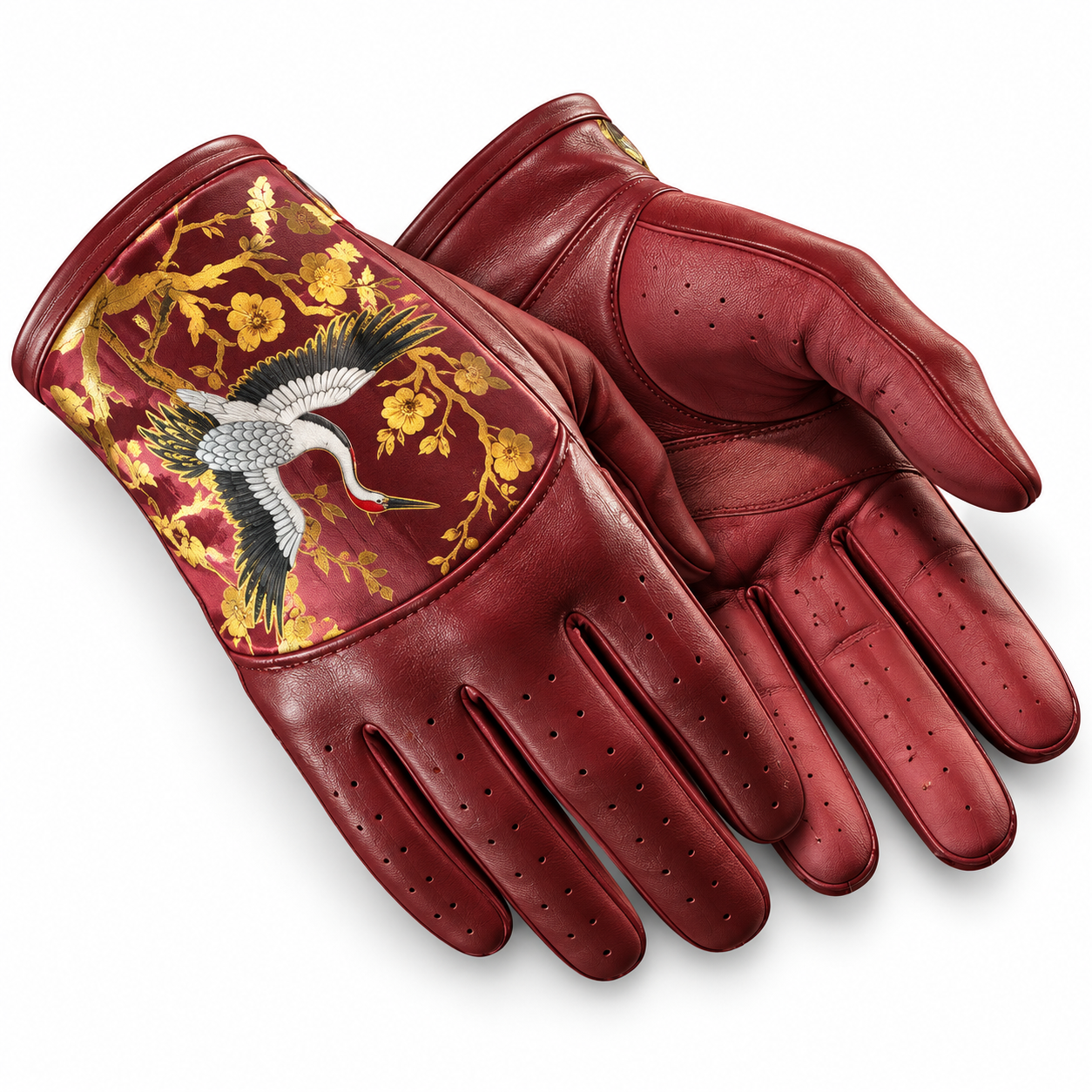 Burgundy Crane-Embroidered Leather Gloves