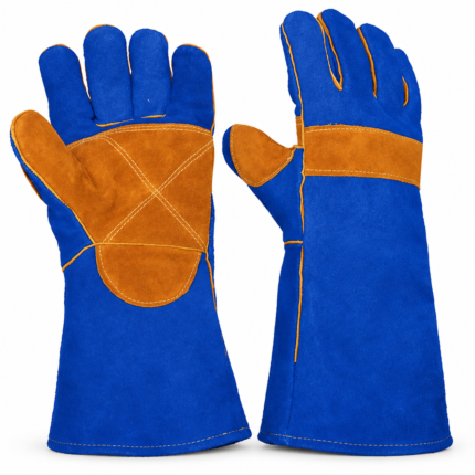 Premium Blue Suede Leather Welding Safety Gloves with Reinforced Brown Palm & Long Cuff