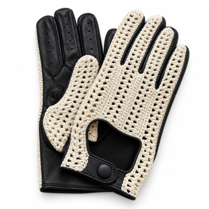 Premium Vintage Black Leather and Cream Crochet Driver Gloves with Snap Button Closure