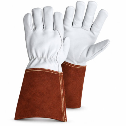 White Leather Welding Safety Gloves with Brown Suede Long Cuffs